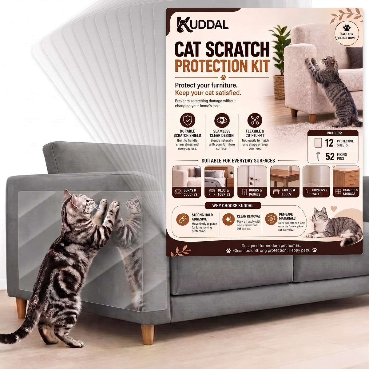 Cat Scratch Furniture Protector, 12 Clear Sheets with 52 Pins