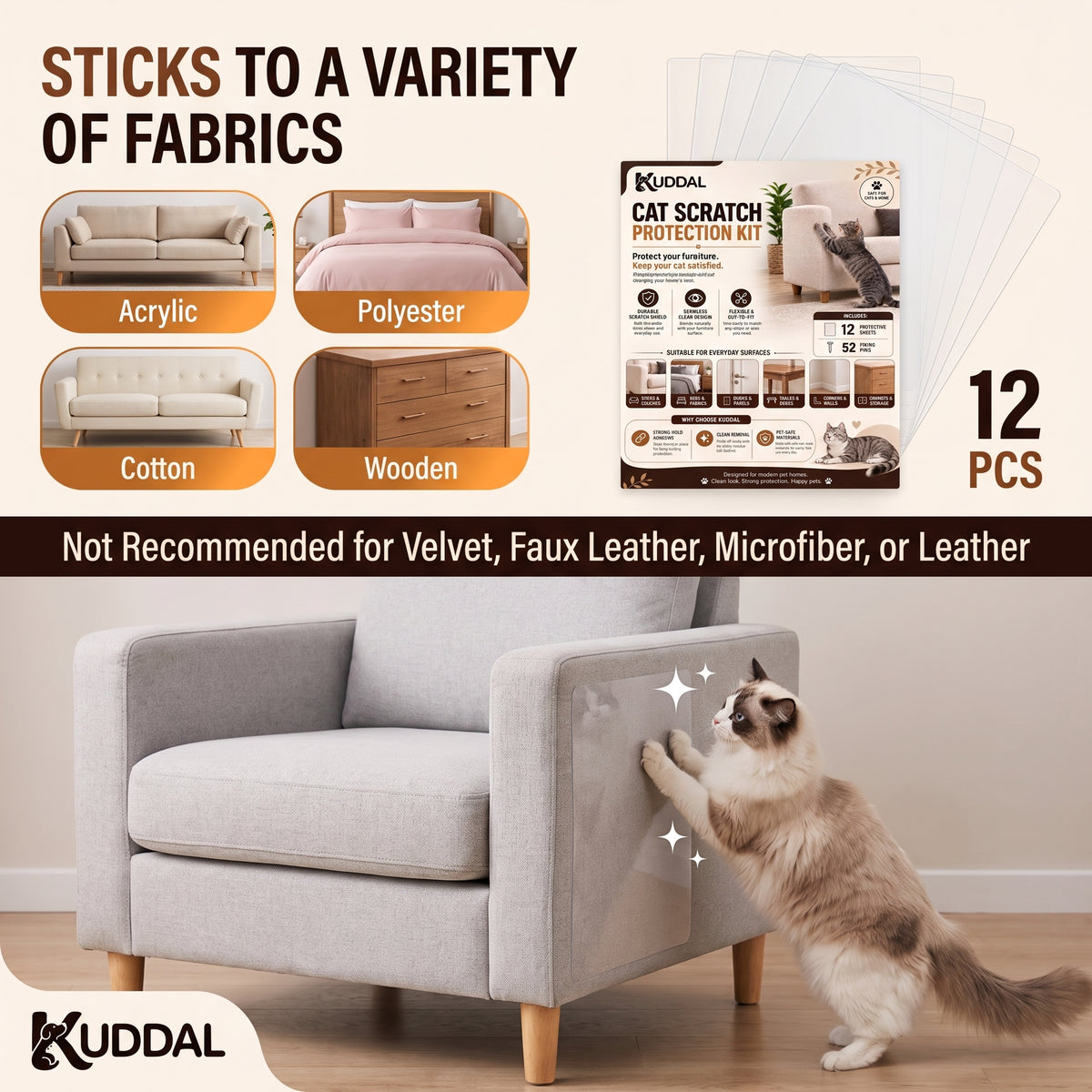 Cat Scratch Furniture Protector, 12 Clear Sheets with 52 Pins