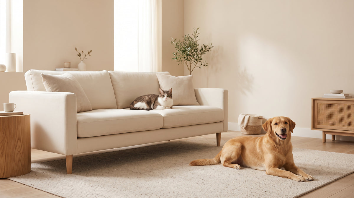 Dogs and cats relaxing in a clean, neutral living space